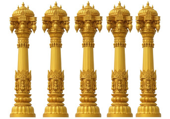 Golden Temple Pillars, Traditional Indian Architectural Columns, Sacred Decorative Elements isolated