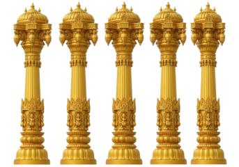 Golden Temple Pillars, Traditional Indian Architectural Columns, Sacred Decorative Elements isolated