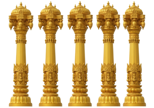 Golden Temple Pillars, Traditional Indian Architectural Columns, Sacred Decorative Elements isolated