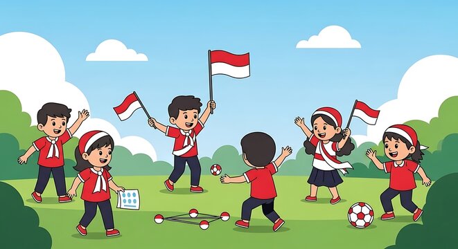 Children celebrate a national holiday, waving flags and playing games outdoors on a sunny day. - Powered by Adobe