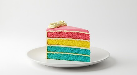 Slice of Multicolored Layer Cake on White Plate