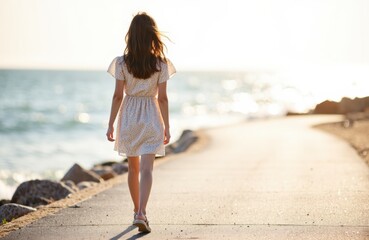 Woman walking along seaside promenade on sunny day