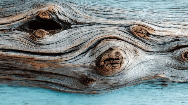Close-up of weathered wood grain with distinctive knots and textured patterns on a blue surface.