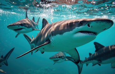 Fototapeta premium Group of sharks swimming underwater in a vibrant ocean scene