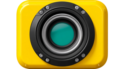 A yellow camera with a black lens isolated on transparent background