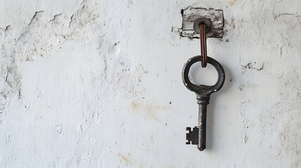 Old vintage key hanging against a textured grunge wall in minimalist black and white style creating a dramatic atmospheric and moody scene with simple striking details

