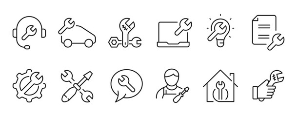 Repair related line icons set. Editable stroke