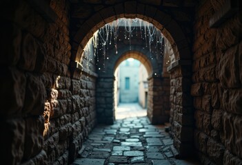 Fototapeta premium Serene stone archway with sparkling droplets in a tranquil alleyway