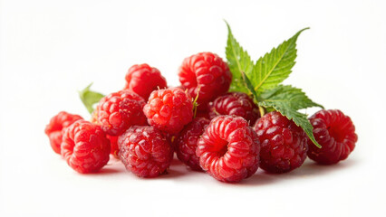 Pile of Raspberries. A collection of red raspberries, some with their green leaves. The image is taken against a white background.