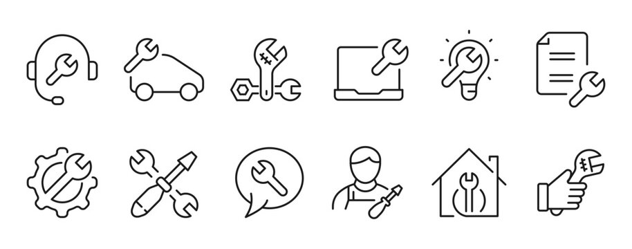 Repair related line icons set. Editable stroke