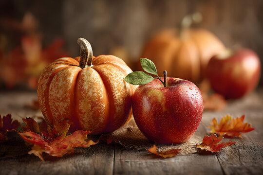 Thanksgiving background: Apples, pumpkins and fallen leaves on wooden background. Copy space for text. Halloween, Thanksgiving day or seasonal background. Design mock up. - Powered by Adobe