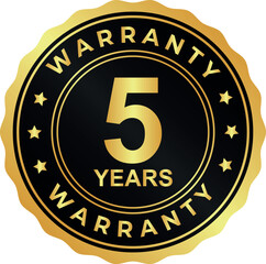 gold five year warranty badge with bold number 5 on round stamp design