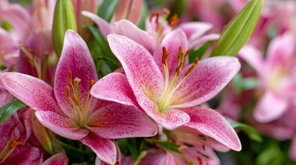 Close up of delicate pink lily flowers blooming in vibrant green outdoor garden setting