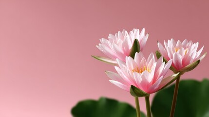 Fototapeta premium Delicate pink water lilies float gracefully against a soft pink backdrop. Perfect for nature lovers and floral enthusiasts. Capture the beauty of tranquility in your projects. AI