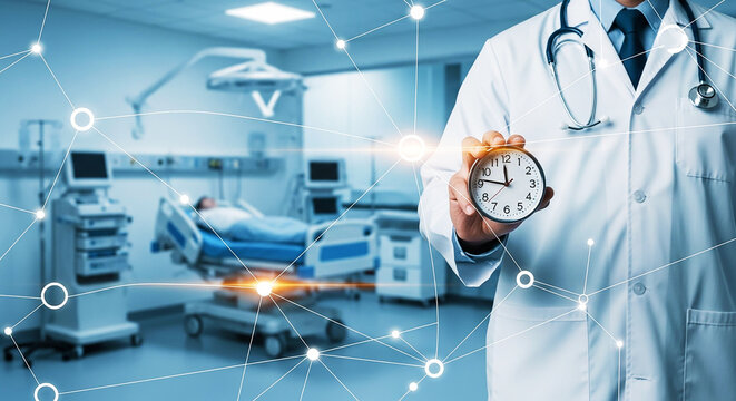 Emergency Medical Response & Patient Time: Doctor Holding Clock in Hospital Room, Symbolizing Critical Care, Timely Treatment, and Efficient Healthcare Management