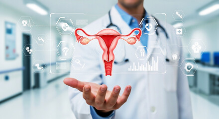 Women's Health & Gynecology Innovation: Doctor Holding Digital Uterus, Symbolizing Reproductive Medicine, OB/GYN Care, Fertility, and Advanced Female Health Solutions