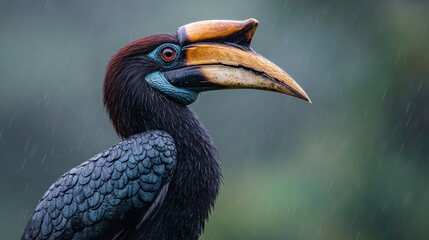 Helmeted Hornbill in Profile Perched in a Misty Rainforest, Poised for a Quiet Moment Amidst Vibrant Greenery