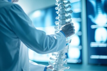 Doctor examining anatomical spine model x ray images in background xray