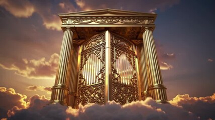 Golden gates open to a radiant light amidst a stunning cloudscape at sunset - Powered by Adobe