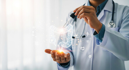  Digestive Health & Gut Microbiome: Doctor Administering Liquid to Digital Stomach, Representing Gastroenterology, Nutrition, Probiotics, and Advanced GI Treatment