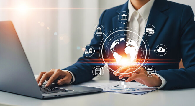 Global Business & Digital Connectivity: Professional Working on Laptop, Navigating Worldwide Networks, Data Management, Financial Systems, and Cloud Technology - Powered by Adobe