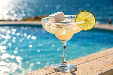 Chilled margarita glass with lime and marshmallow by vibrant poolside ocean