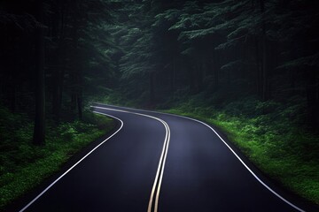 A long winding road through a dense forest