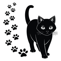 Black cat walking with paw prints