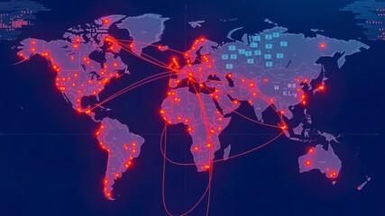 Global network of connections and data flow across continents, visualized on a digital world map - Powered by Adobe