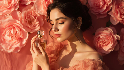 Woman with Perfume and Roses. A woman is holding a perfume bottle. She is standing in front of a background filled with pink roses, creating a beautiful and elegant atmosphere.