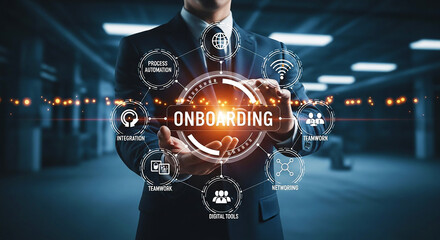 Digital Onboarding Process: Businessman Holding Holographic Onboarding Interface with Various HR & Integration Icons, Symbolizing Employee Experience & Talent Management