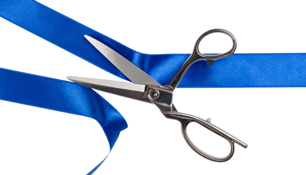Front View of Silver Scissors Snipping Blue Ribbon on White Background