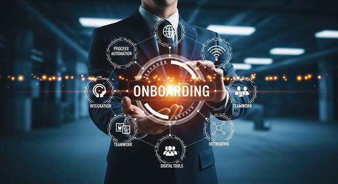 Digital Onboarding Process: Businessman Holding Holographic Onboarding Interface with Various HR & Integration Icons, Symbolizing Employee Experience & Talent Management







 - Powered by Adobe