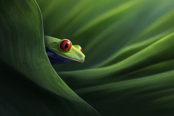 Colorful frog with red eyes and orange toes in natural green habitat, surrounded by large leaves. Perfect for rainforest documentaries, posters, or wildlife photography collections.