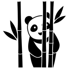 Cute panda behind bamboo stalks monochrome silhouette vector illustration