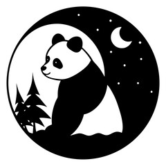 Panda bear under moon with fir trees silhouette vector illustration