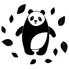 Cute panda surrounded by leaves simple silhouette vector illustration