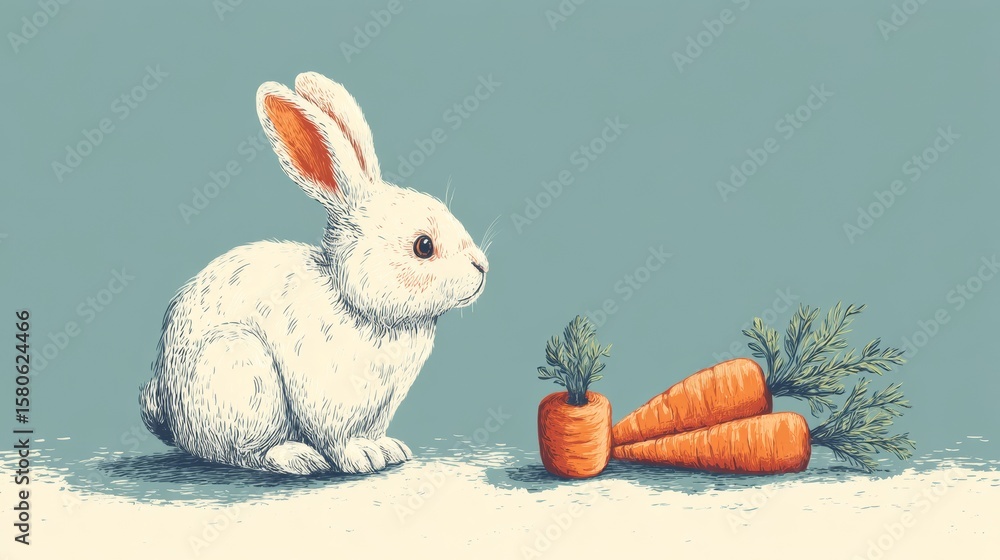 Poster profile view of a rabbit nibbling on ripe orange carrot with second carrot behind atop green grass f