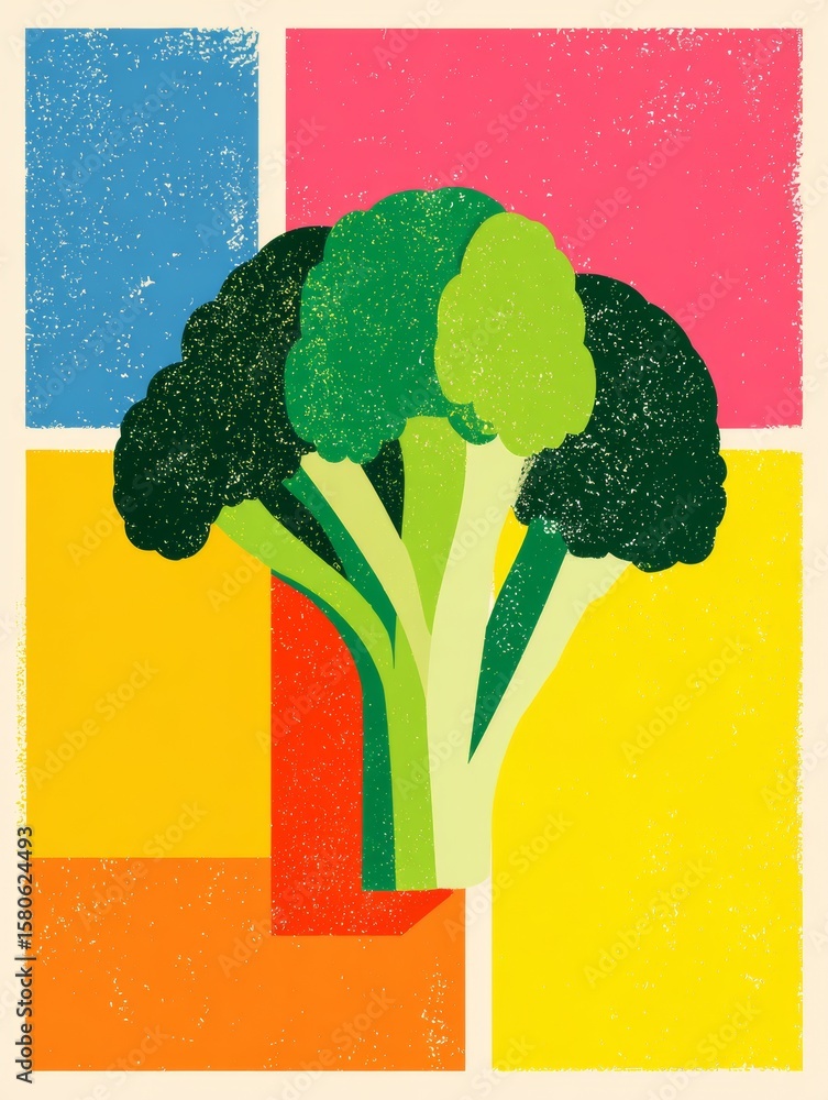 Poster single broccoli with smooth clean lines bold colorful pastel palette flat shadows vibrant background