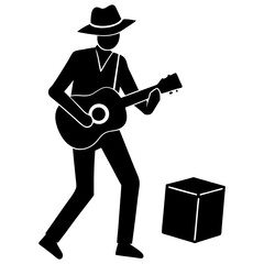 Musician playing guitar with hat silhouette vector illustration