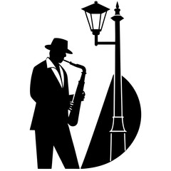 Musician playing saxophone near street lamp silhouette vector illustration