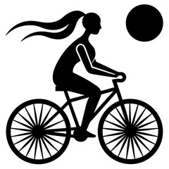 Woman riding bicycle under sun silhouette vector illustration