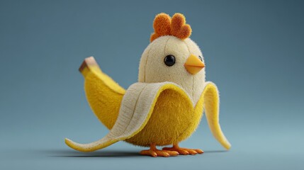 Playful yellow chicken standing among ripe bananas with friendly expression