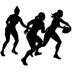 Three female rugby players running silhouette vector illustration