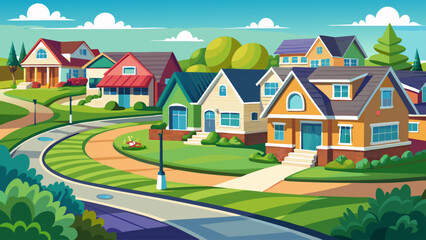Naklejka premium Suburban houses with green lawns curved street in East Brunswick, Middlesex County, New Jersey houses positioned American suburban residential planning 