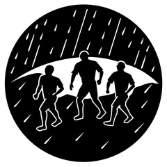 People walking under rain in circle shape silhouette vector illustration