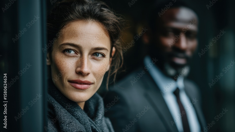 Poster two professionals in a business setting with focused expressions