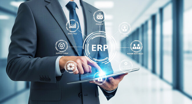 ERP System Integration: Businessman Interacting with Enterprise Resource Planning Software on Tablet for Optimized Business Processes and Data Management







