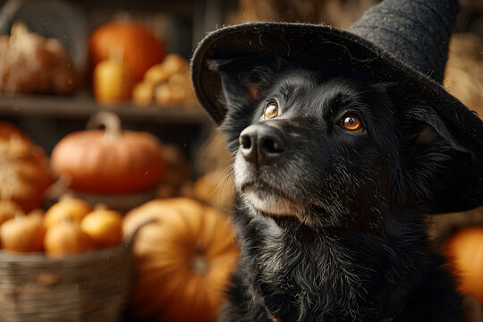 Black dog in black witch halloween hat with pumpkins, ai generated - Powered by Adobe