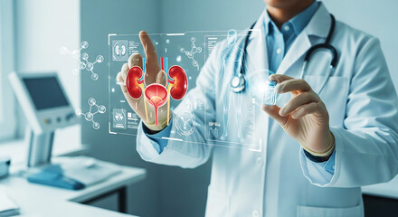 Urology and Renal Health: Doctor Interacting with Futuristic Digital Display of Kidneys & Bladder for Advanced Medical Diagnosis & Treatment